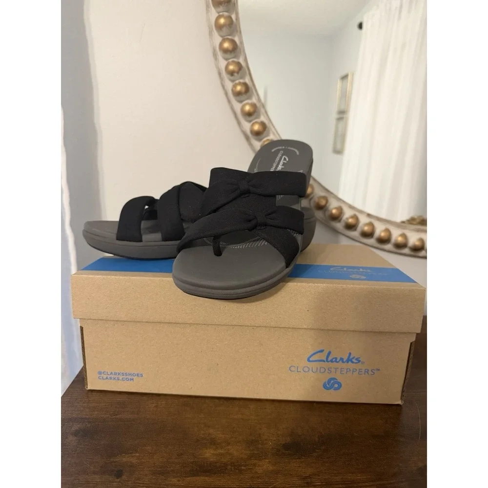 Clarks Cloudsteppers Breeze Rae Cam Black Gray Sandals Womens Size 8 M NWB